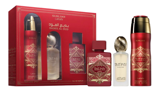 بديع العود سوبلايم - مجموعة هدايا من 3 قطع مع عطر 3.5 أونصة سائلة + مزيل عرق 6.8 أونصة سائلة + بخاخ شعر 50 مل 