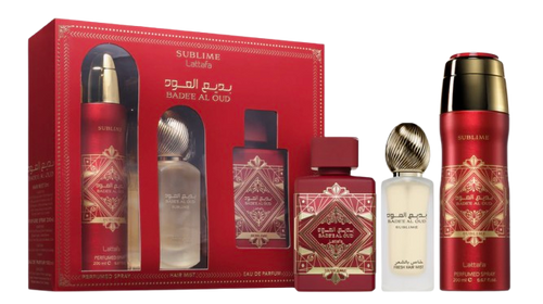 بديع العود سوبلايم - مجموعة هدايا من 3 قطع مع عطر 3.5 أونصة سائلة + مزيل عرق 6.8 أونصة سائلة + بخاخ شعر 50 مل 