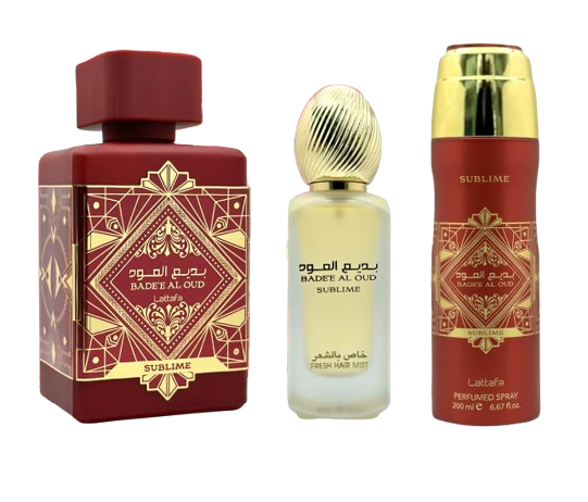 بديع العود سوبلايم - مجموعة هدايا من 3 قطع مع عطر 3.5 أونصة سائلة + مزيل عرق 6.8 أونصة سائلة + بخاخ شعر 50 مل 