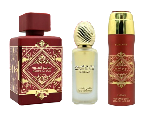 بديع العود سوبلايم - مجموعة هدايا من 3 قطع مع عطر 3.5 أونصة سائلة + مزيل عرق 6.8 أونصة سائلة + بخاخ شعر 50 مل 
