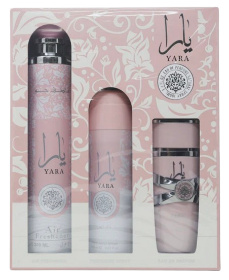 Yara Gift Set by Lattafa 3.4oz Edp+200ml Deo+300ml Air Freshener