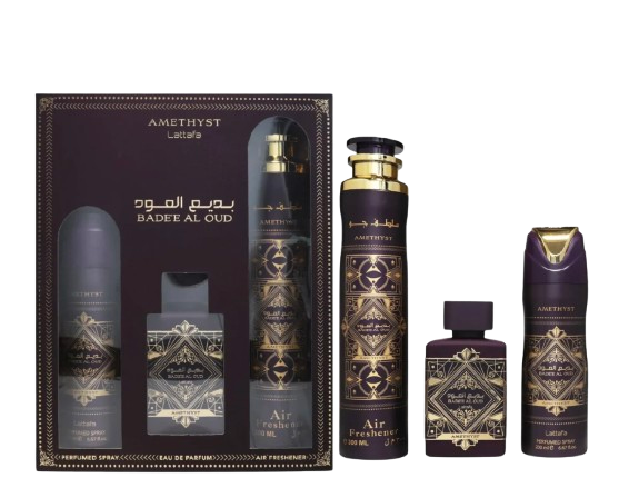 Lattafa bade'e al oud amethyst 3 pcs set: 3.4 eau de parfum spray + 6.7 deodorant spray + 10 oz air freshener